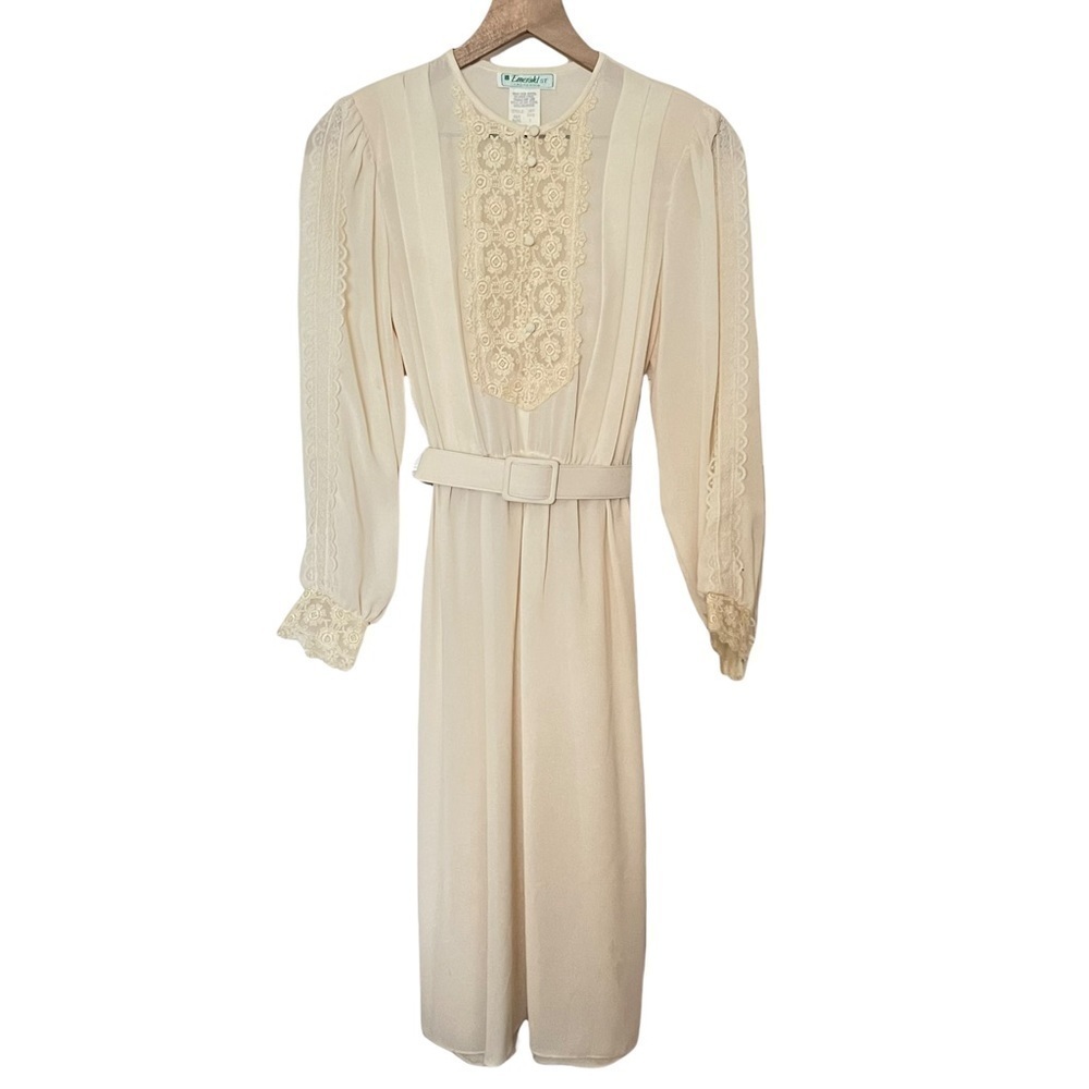 VINTAGE 70s Belted‎ Lace Detail Sheer Chiffon Boho Chic Wedding Midi Dress Small